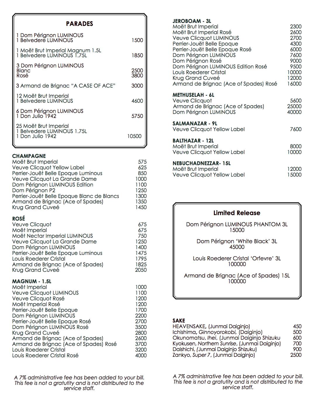 Bottle menu